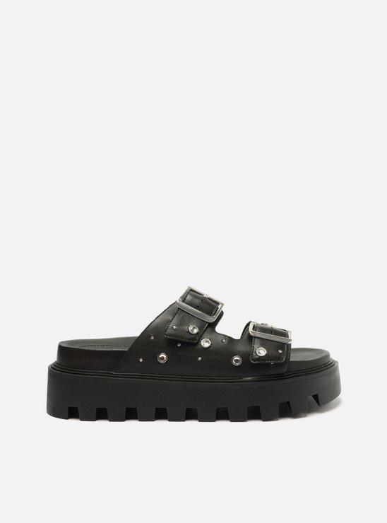 Sandália Papete Preta Couro Flatform Tratorada