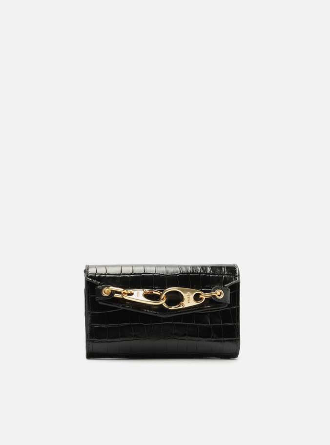 Bolsa Tiracolo Preta Couro Croco Pequena Ganchos