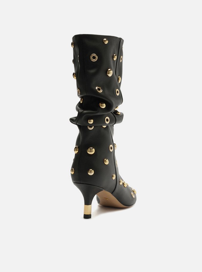 Bota Preta Couro Salto Fino Slouchy Rebites