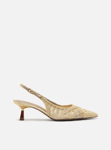 Scarpin Bege Palha Salto Fino Slingback Bordado