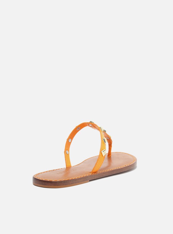 Sandália Rasteira Laranja Couro Slim Studs Ella