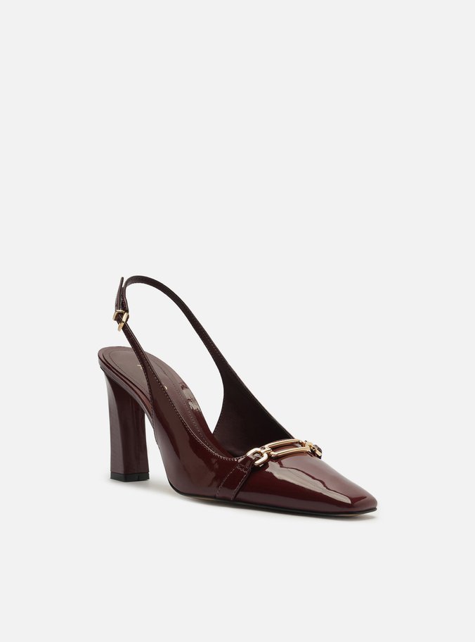 Scarpin Vinho Verniz Salto Alto Slingback Metal