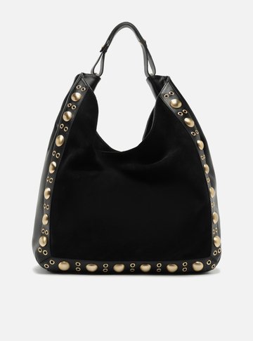 Bolsa Hobo Preta Couro Camurça Grande Metais