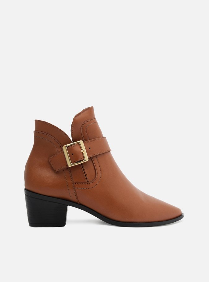 Bota Marrom Couro Cano Curto Bico Fino Fivela