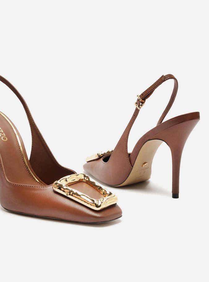 Scarpin Marrom Couro Bico Quadrado Slingback Metal