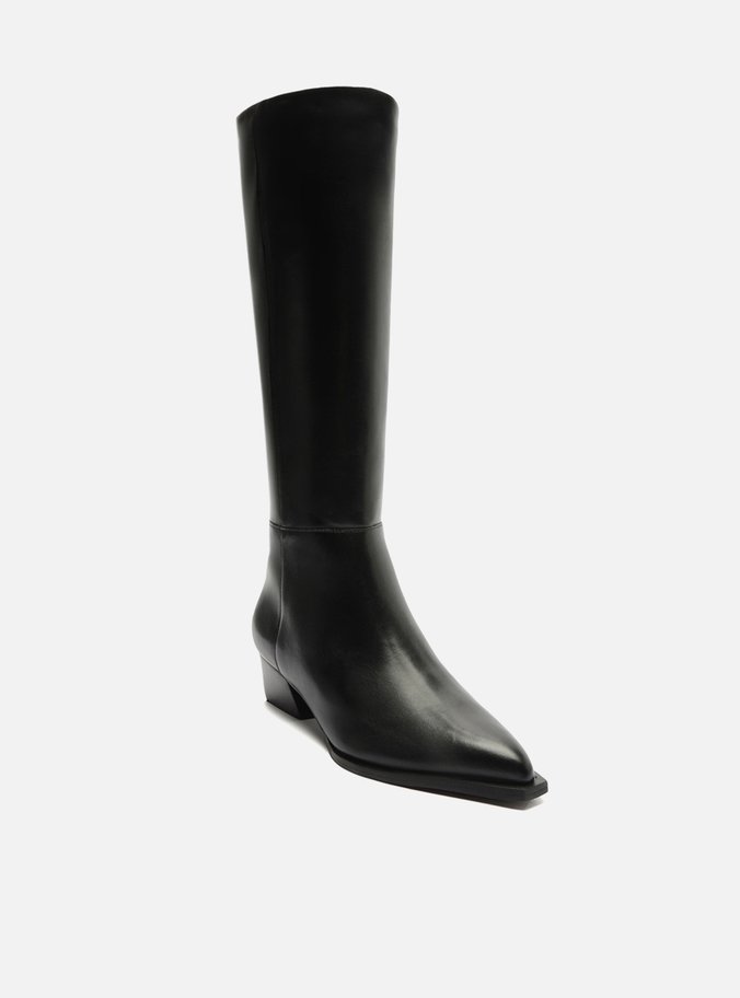 Bota Preta Couro Cano Longo Salto Bloco