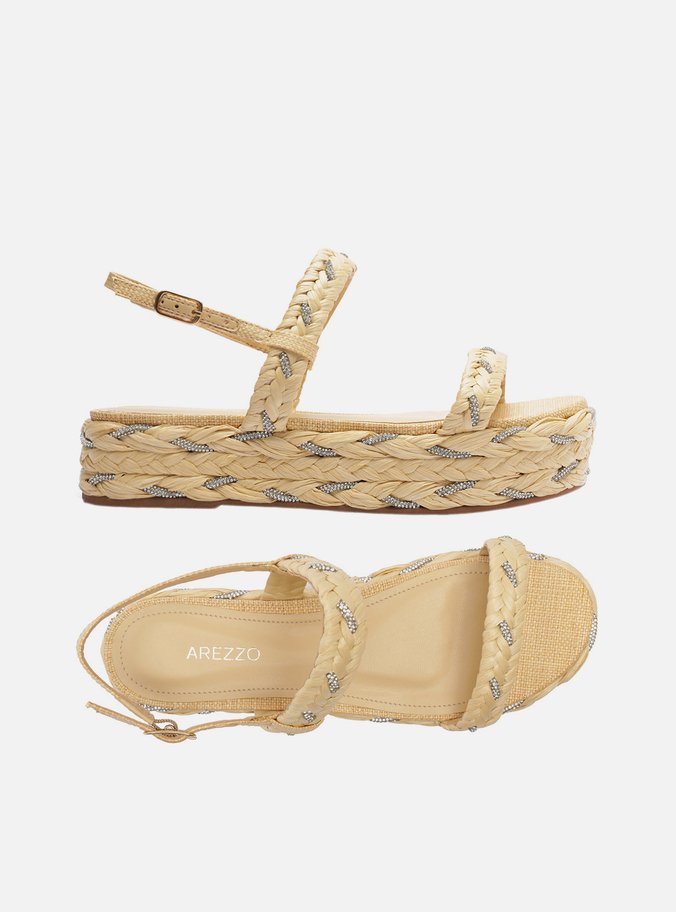 Sandália Bege Palha Trançada Flatform Strass