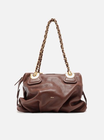 Bolsa Bowling Marrom Couro Média Franzida