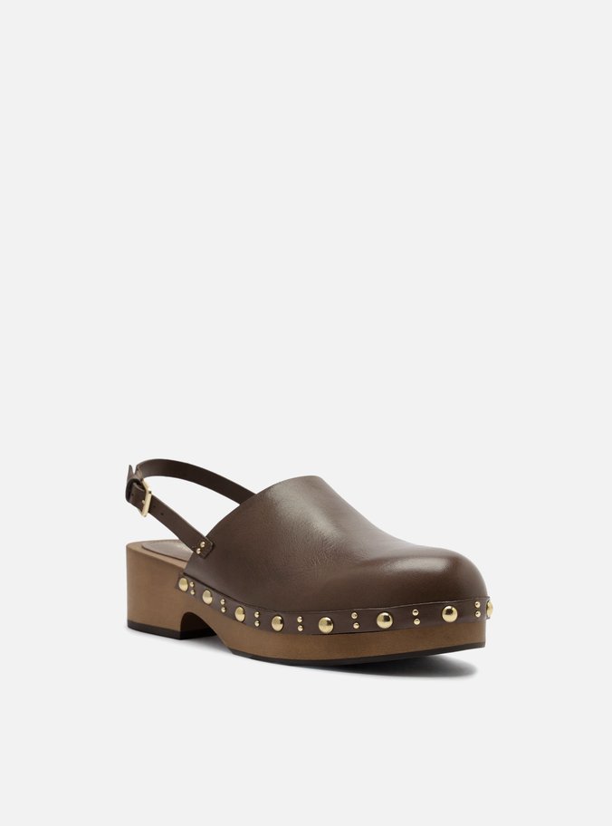 Mule Clog Marrom Couro Salto Médio Tira