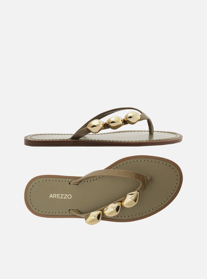 Rasteira Verde Couro Flip Flop Metais