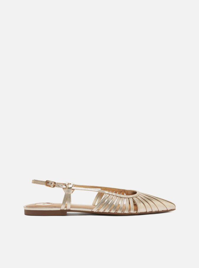 Sapatilha Dourada Couro Bico Fino Slingback Tiras