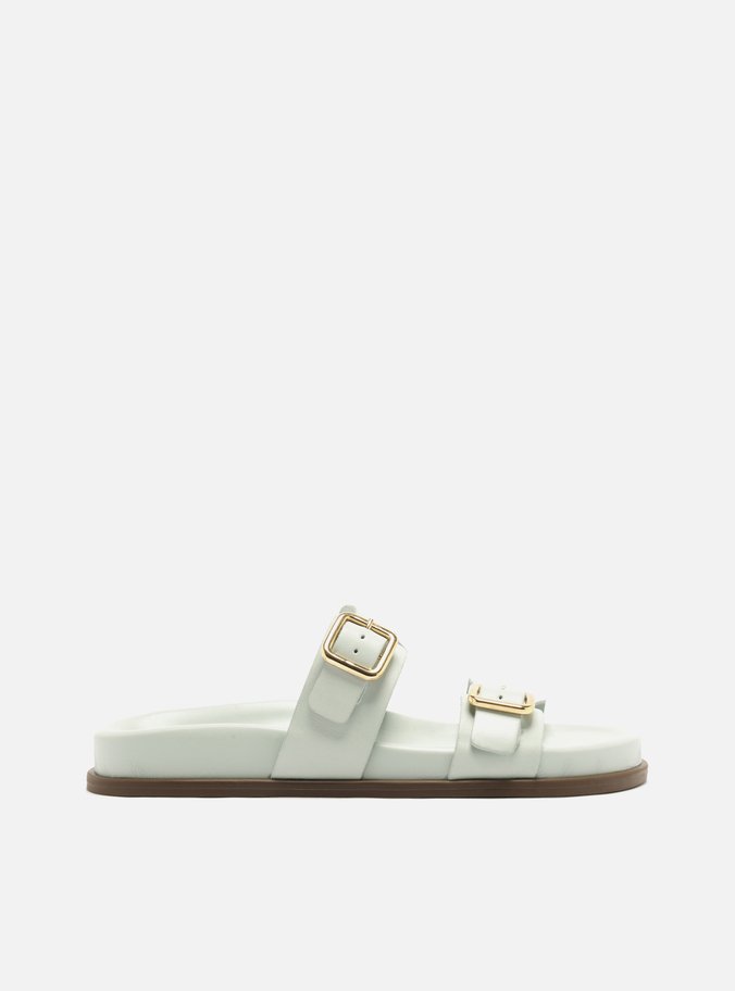 Sandália Papete Azul Couro Flatform Fivelas Douradas