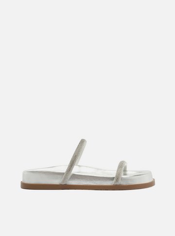 Sandália Rasteira Prata Tiras Finas Strass