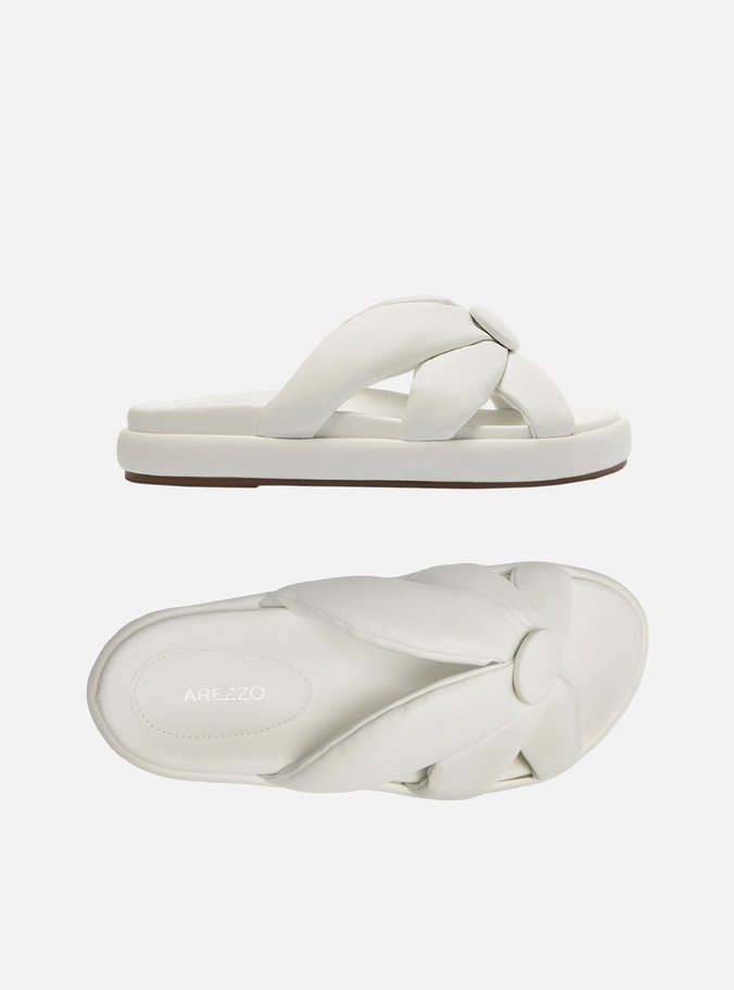 Rasteira Branca Couro Flatform Tiras Botão