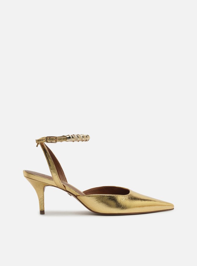 Scarpin Dourado Couro Salto Kitten Tiras Metal