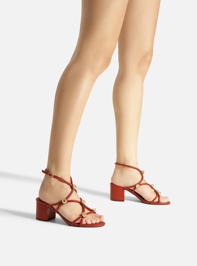 Sandália Laranja Bloco Tiras Cruzadas Pedras