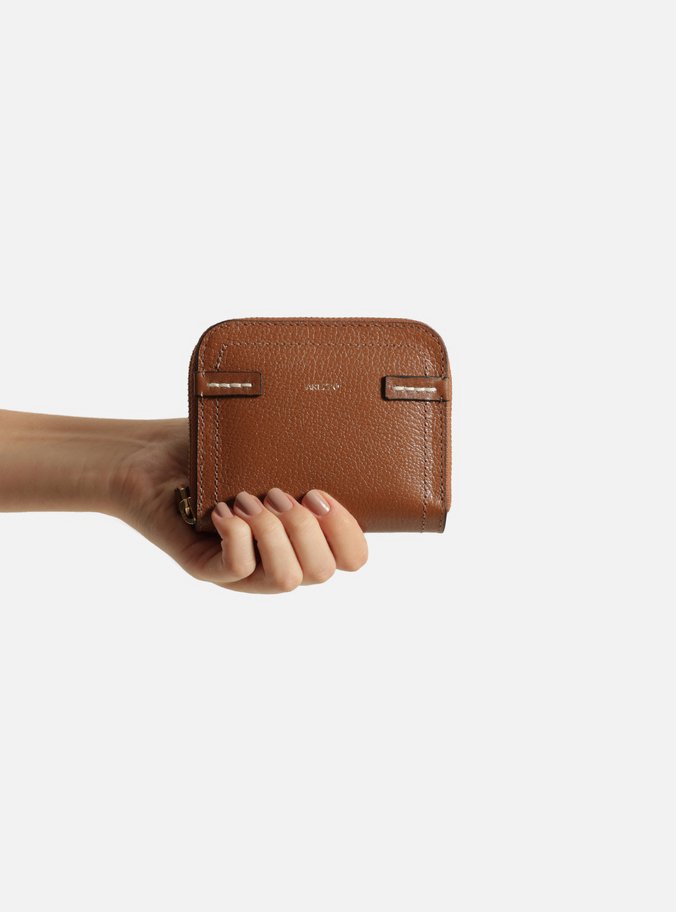 Carteira Marrom Couro Média Pesponto Zíper