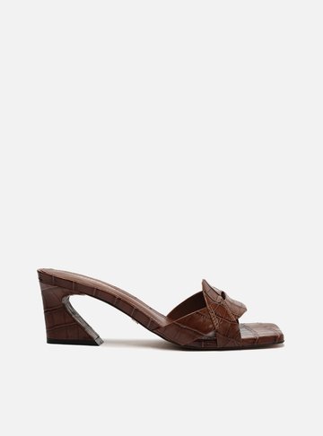 Sandália Marrom Croco Bico Quadrado Flare