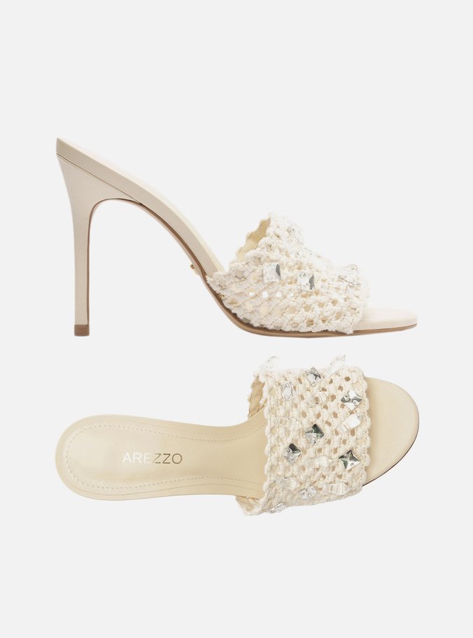 Mule Branco Salto Alto Bordado Floral
