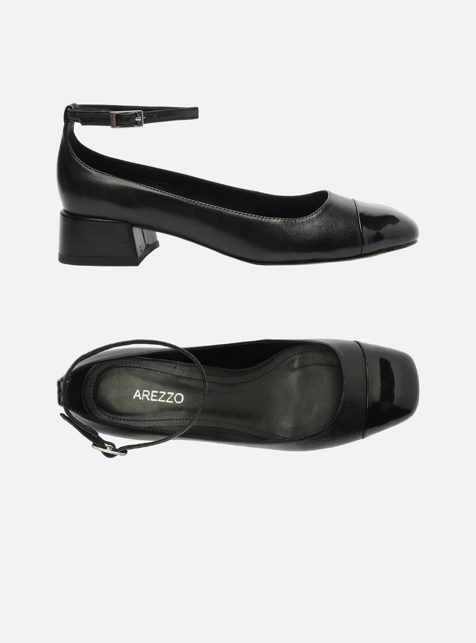 Sapato Boneca Preto Couro Bico Quadrado Cap Toe