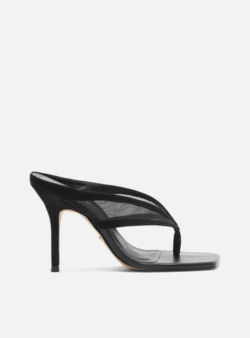 Mule Preta Tela Salto Alto Thong
