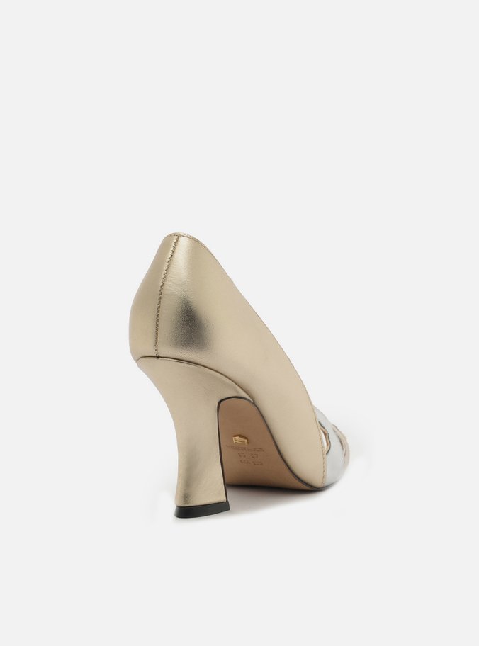 Peep Toe Dourado Couro Salto Médio Recortes