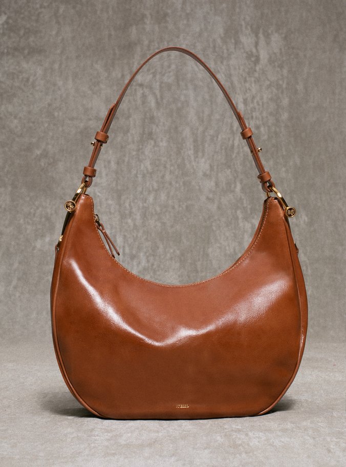 Bolsa Hobo Marrom Couro Grande Metais Alça