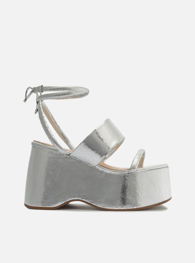 Sandália Prateada Plataforma Tiras Amarração