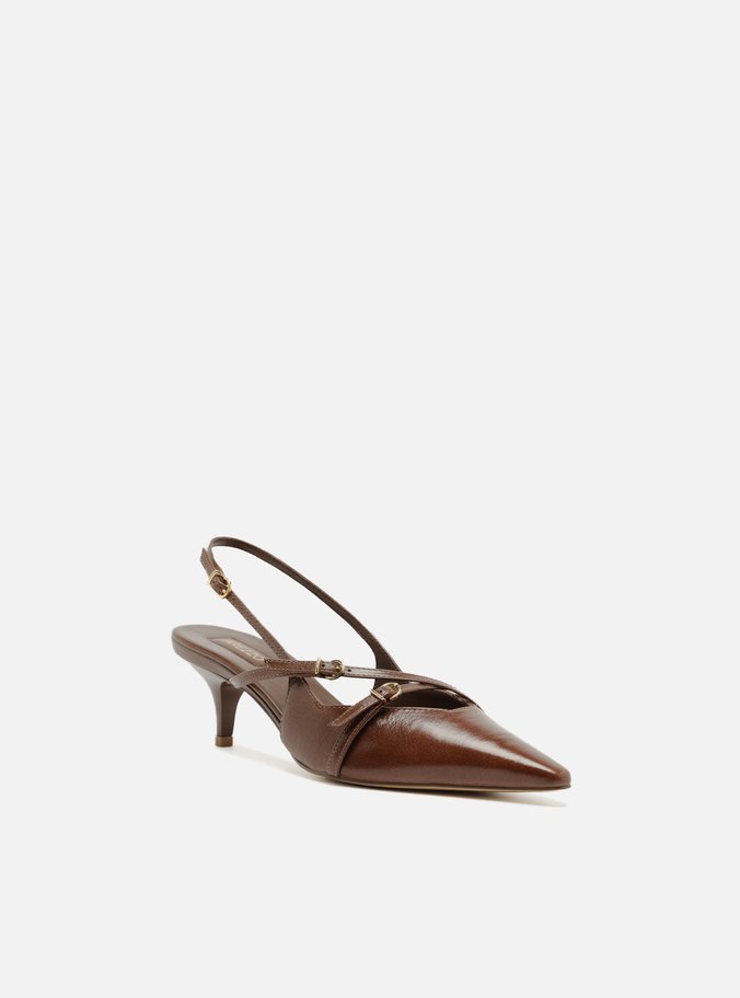 Scarpin Marrom Couro Salto Médio Slingback Amélia