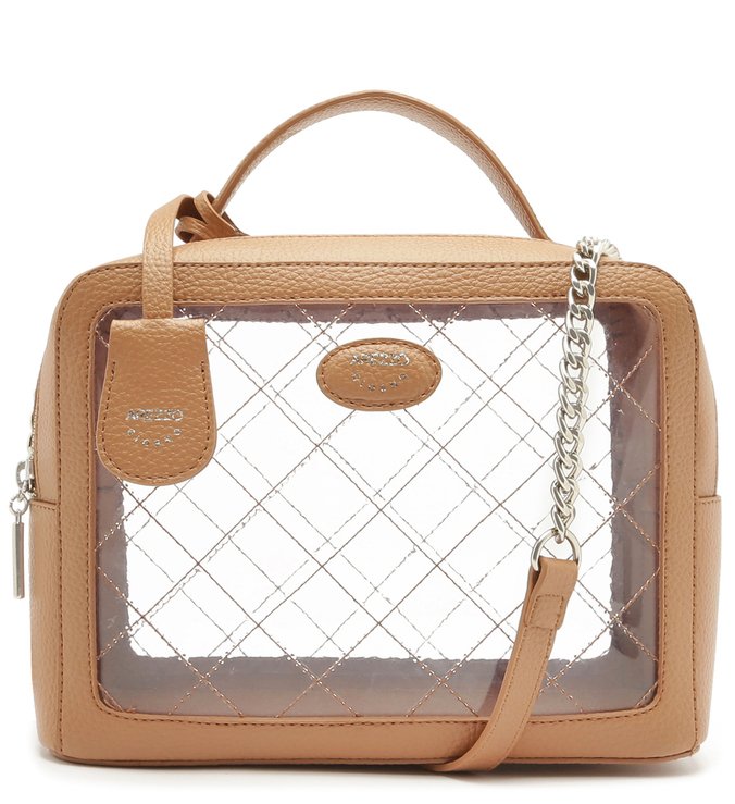 Bolsa Tiracolo Vinil Isabela Média Soft Avelã e Transparente