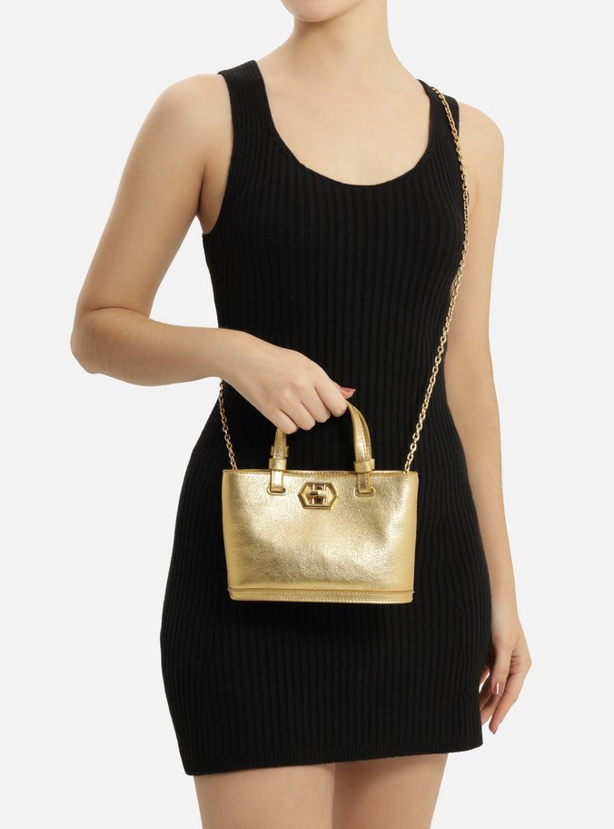 Bolsa Tote Dourada Couro Pequena Encaixe Metal