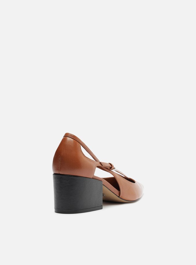Scarpin Caramelo Couro Bloco Semi Aberto Tiras