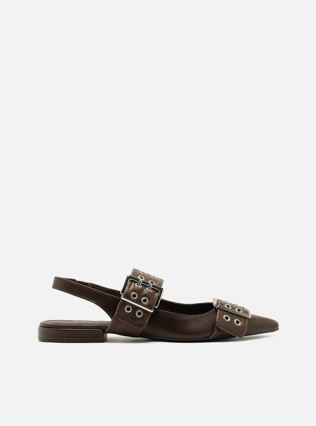 Sapatilha Marrom Couro Bico Fino Metais Slingback — foto 1