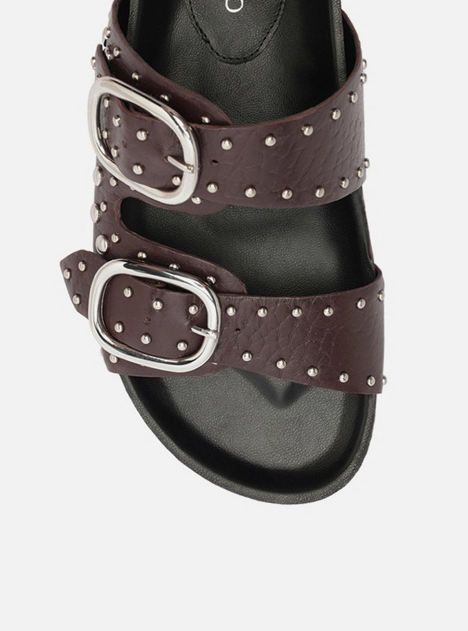 Papete Slide Marrom Couro Tiras Fivelas Tachas