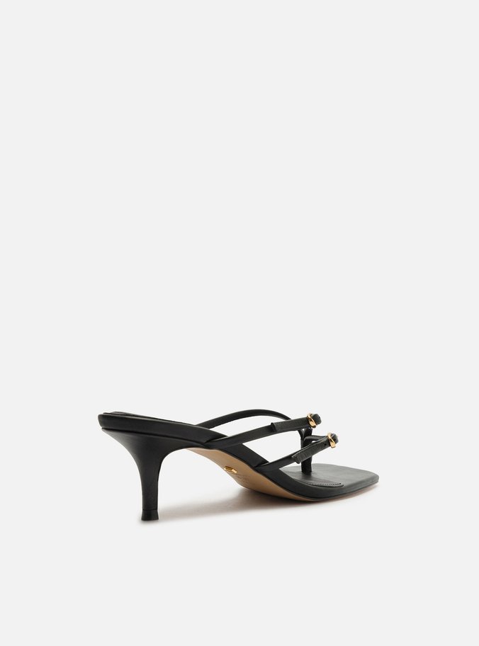Tamanco Preta Couro Bico Quadrado Flip Flop
