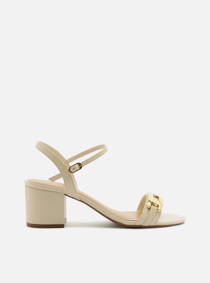 Sandália Off-White Salto Bloco Médio Bridão Dourado