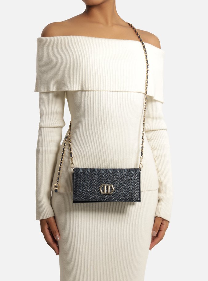 Clutch Azul Couro Tramado Metal Geométrico