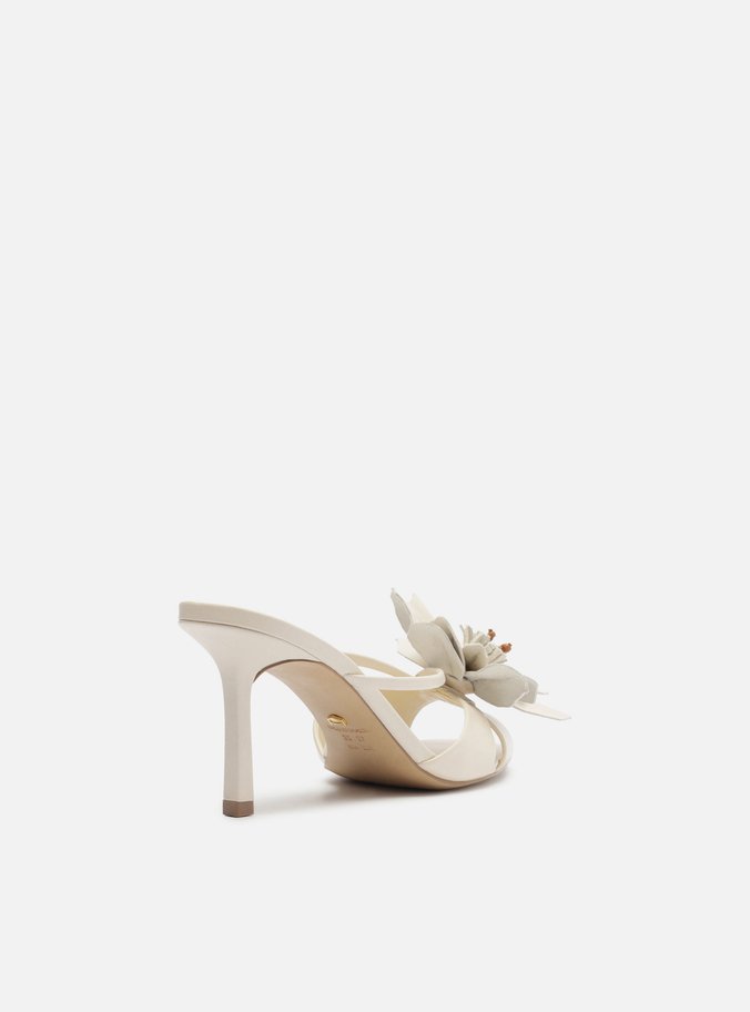 Mule Branca Couro Salto Fino Flor