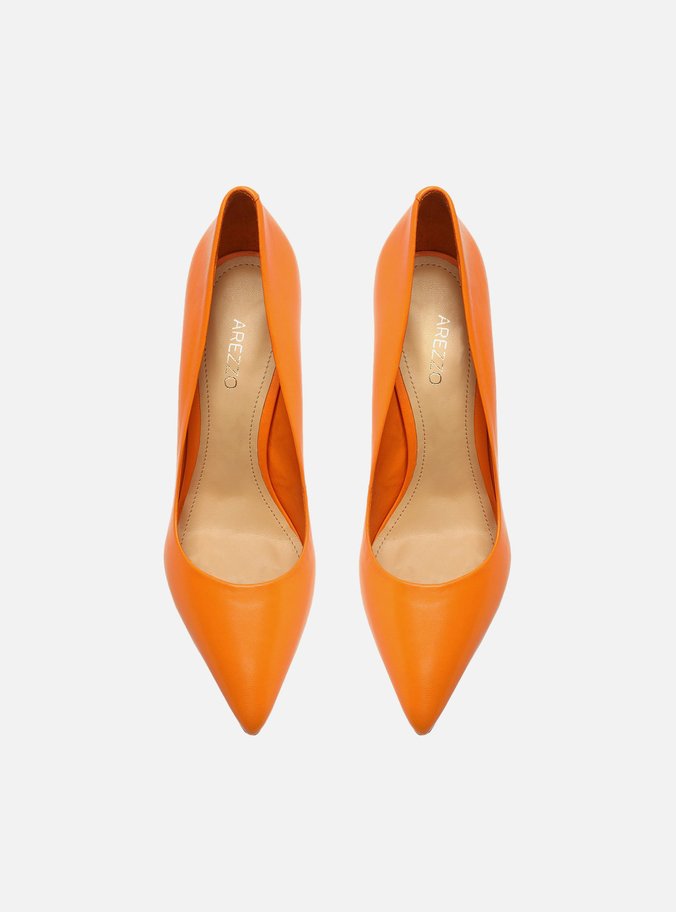 Scarpin Laranja Couro Salto Alto Fino Color