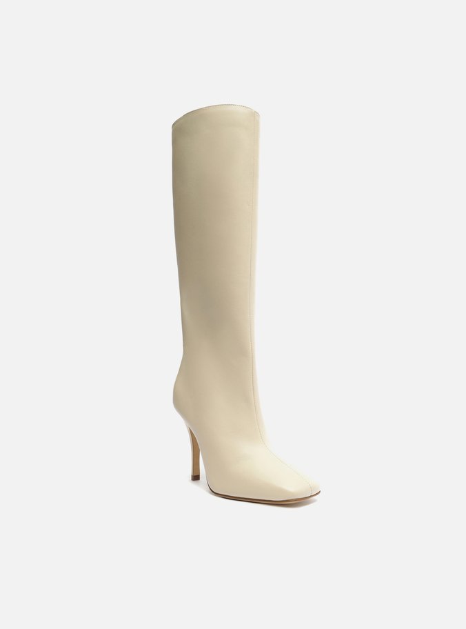 Bota Off-White Couro Cano Longo Bico Quadrado Hailey