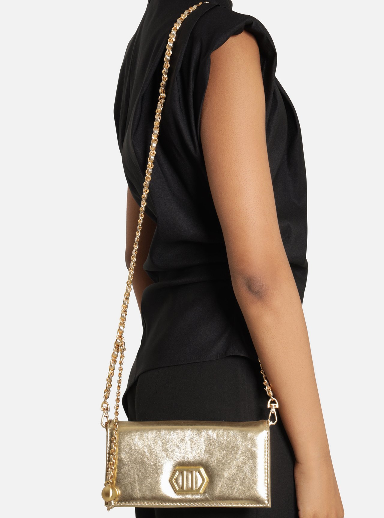 Bolsa Clutch Dourada Couro Pequena Corrente