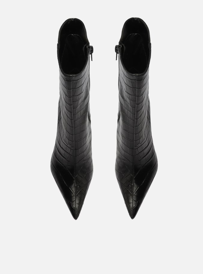 Bota Preta Croco Cano Médio Salto Alto Fino