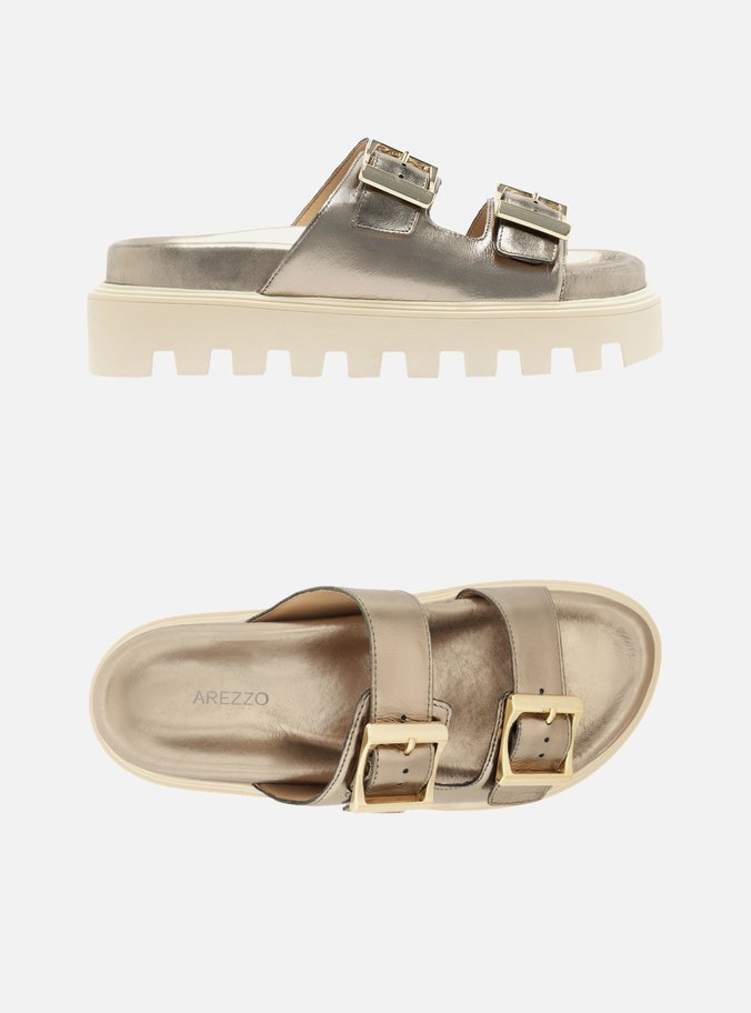 Sandália Metalizada Couro Flatform Tratorada