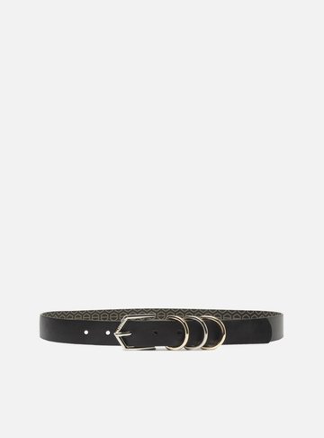 Cinto Preto Couro Fivela Metálica Argolas