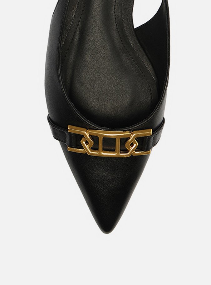 Sapatilha Preta Couro Bico Fino Slingback Metal