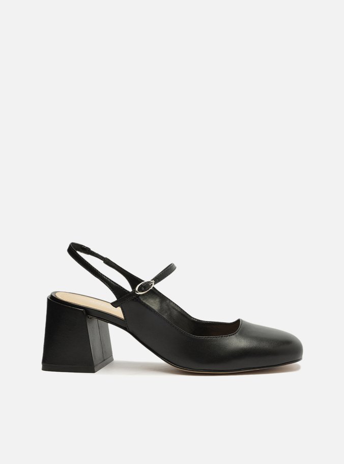 Sapato Boneca Preto Couro Salto Bloco Tira Slingback