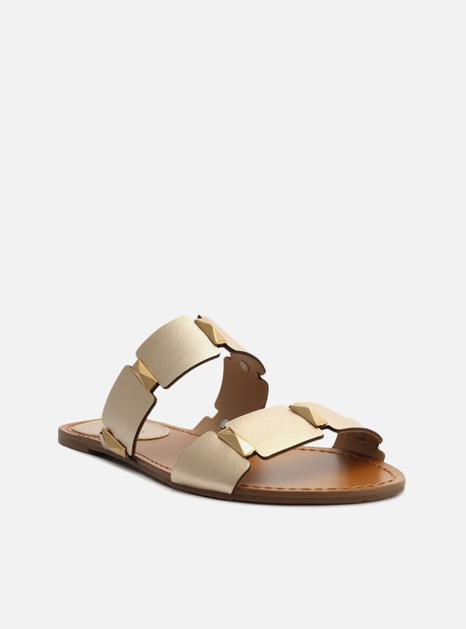 Rasteira Dourada Couro Flat Platino