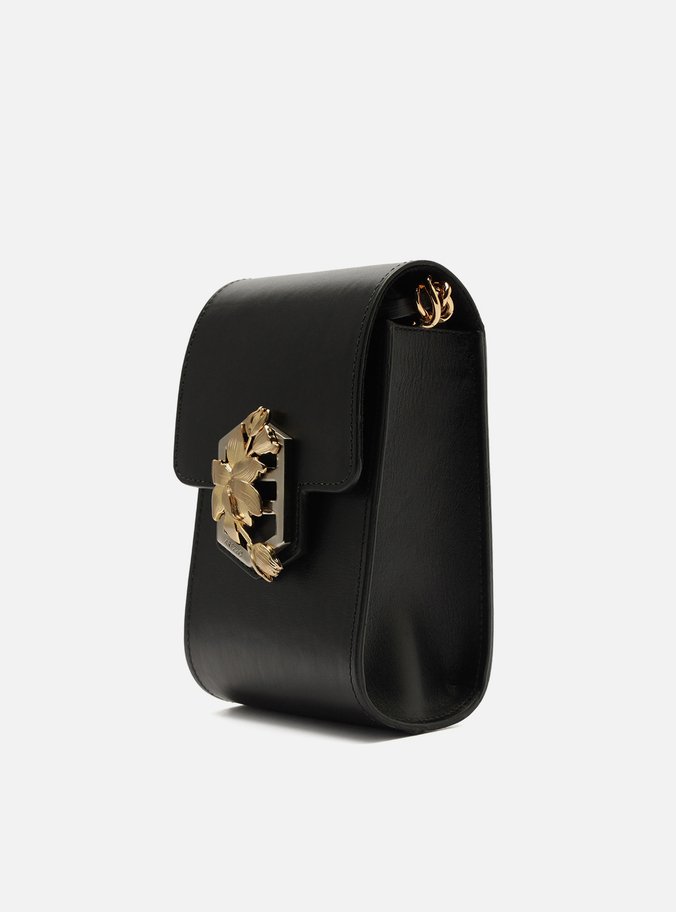 Mini Bag Preta Couro Porta-Celular Metal Flor