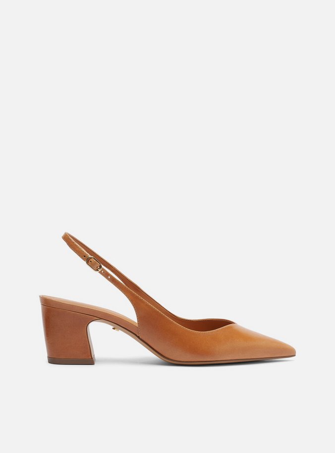 Scarpin Marrom Couro Salto Médio Bloco Slingback
