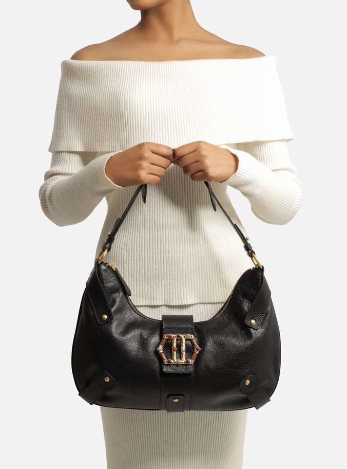 Bolsa Hobo Preta Couro Grande Metal Sextavado